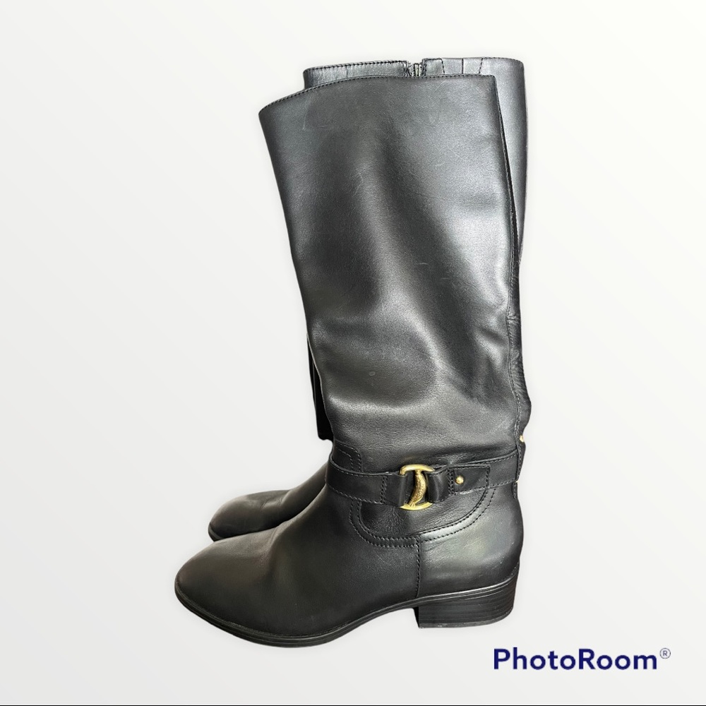 Ralph Lauren Black Leather Mid-Calf Heeled Riding Boots with Gold Buckle
